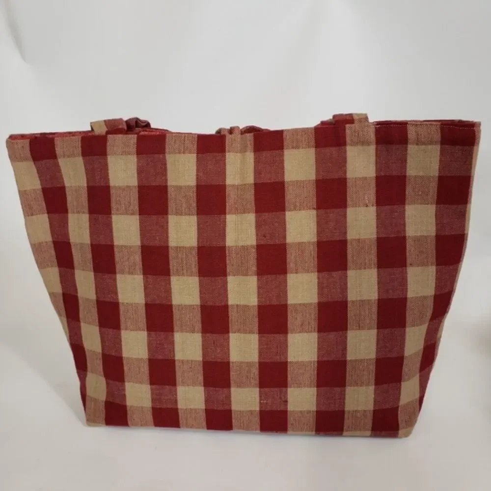 Vintage Handmade Gingham Patchwork Christmas Holiday Shoulder Tote Bag - Picture 4 of 8